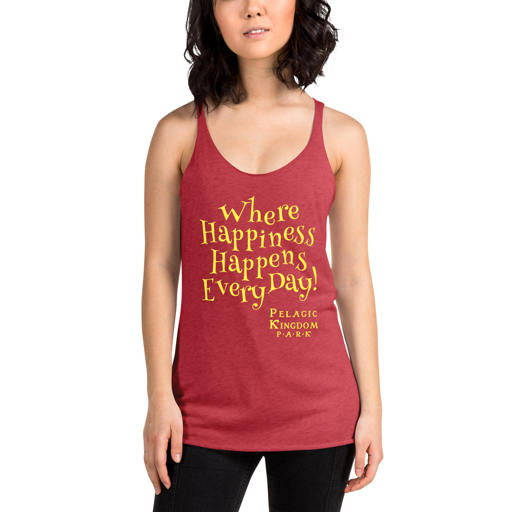 Woman wearing a red tank top with the phrase ‘Where happiness happens every day!' on a white background