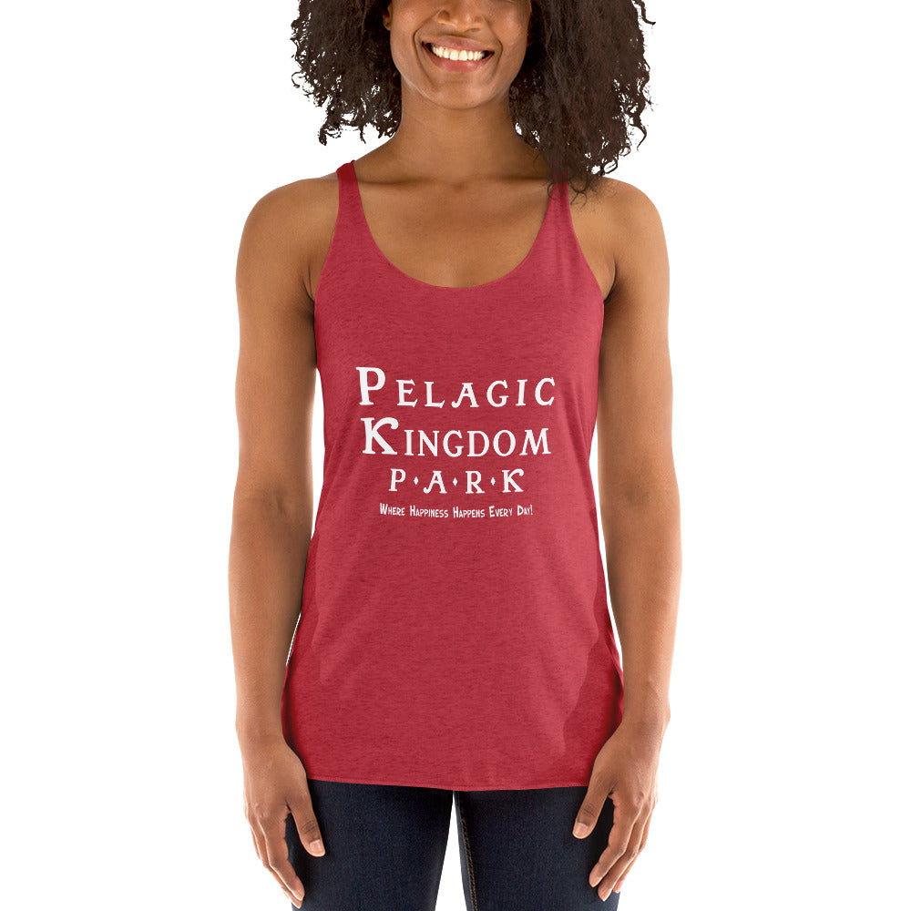 Woman wearing a red tank top with white text and design on a white background