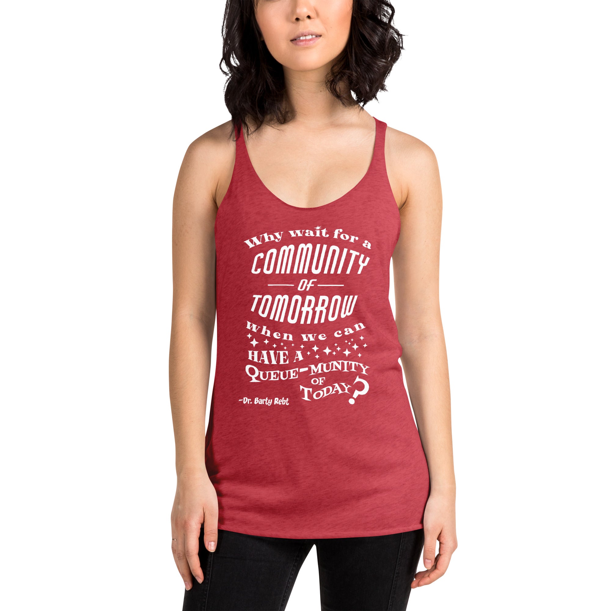 Red tank top with white text worn by a person on a white background