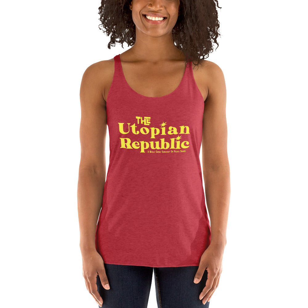 Person wearing a red tank top with 'The Utopian Republic' text on a white background