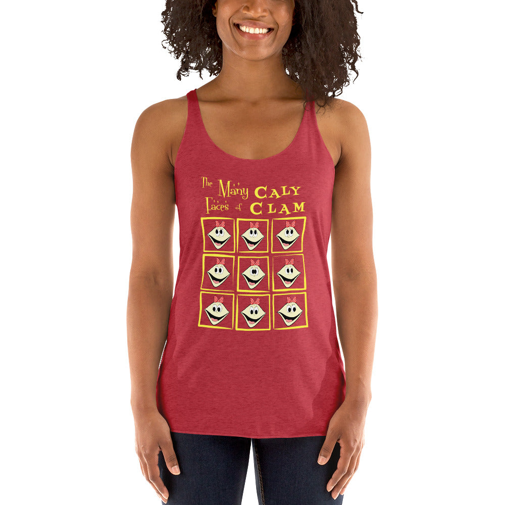 Person wearing a red tank top with the many faces of caly clam design on a white background