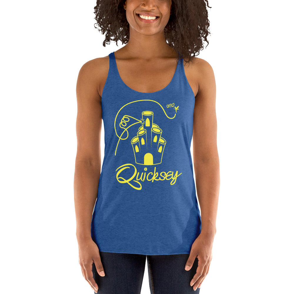 Woman wearing a blue tank top with a yellow castle design and 'Quicksay' text.