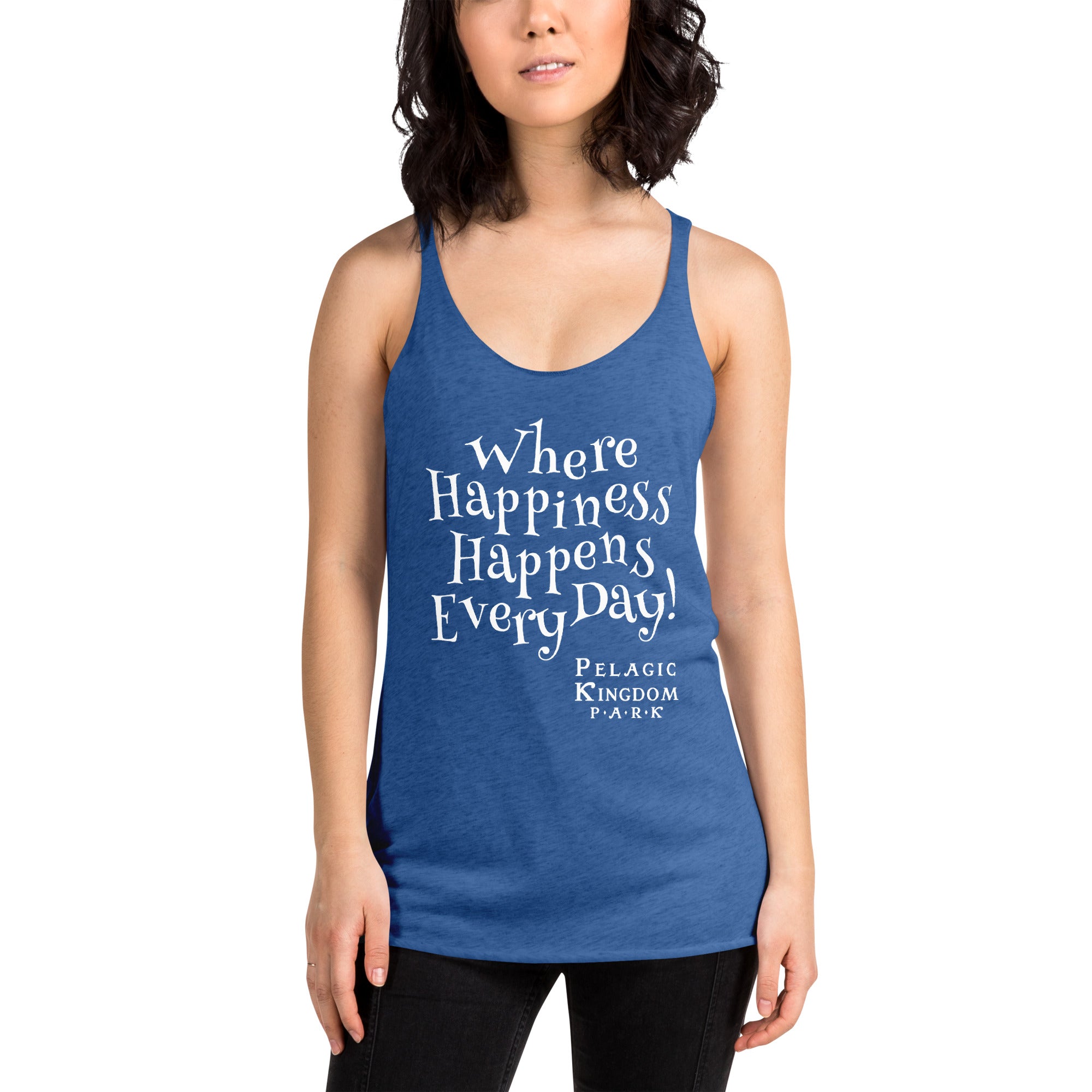 Woman wearing a blue tank top with the phrase ‘Where happiness happens every day!' on a white background