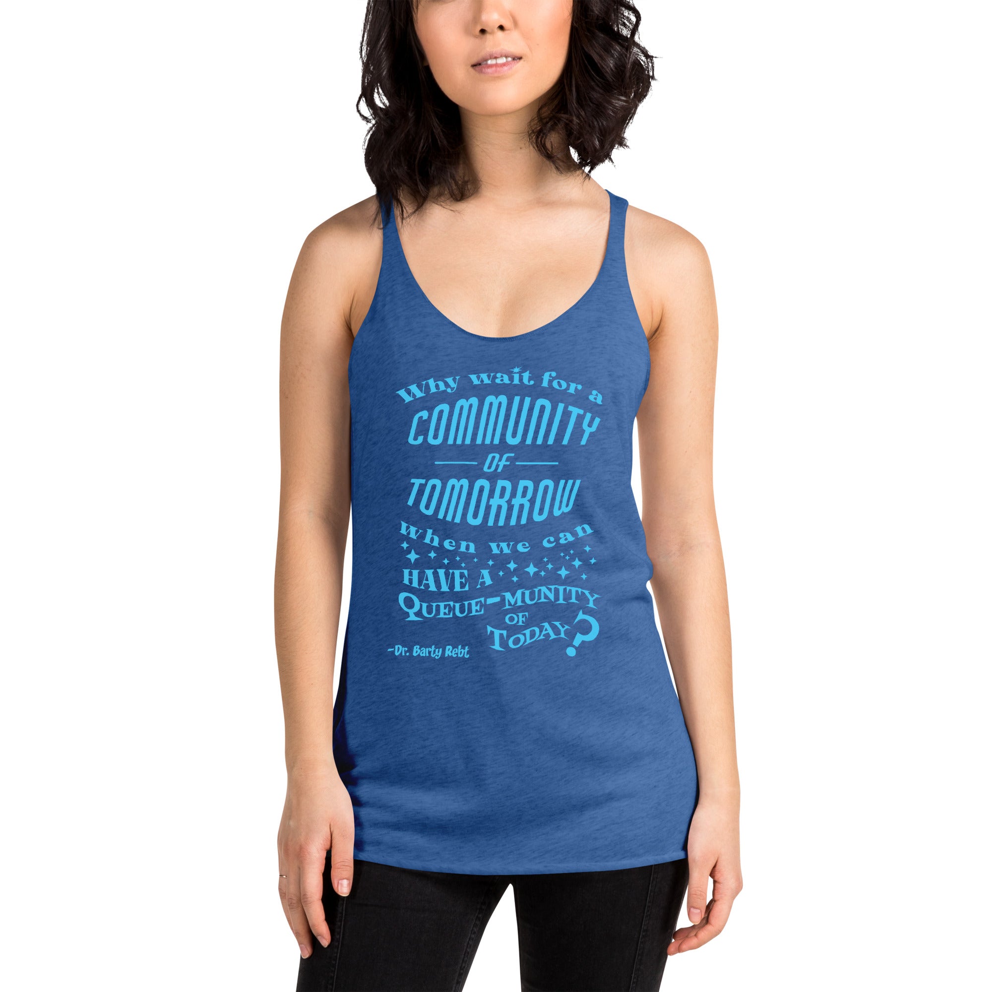 Woman wearing a blue tank top with text design on a white background