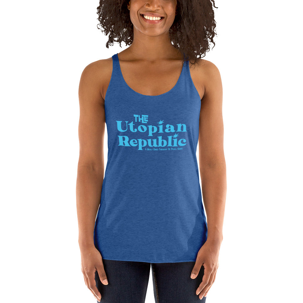 Woman wearing a blue tank top with a tree design and text on a white background