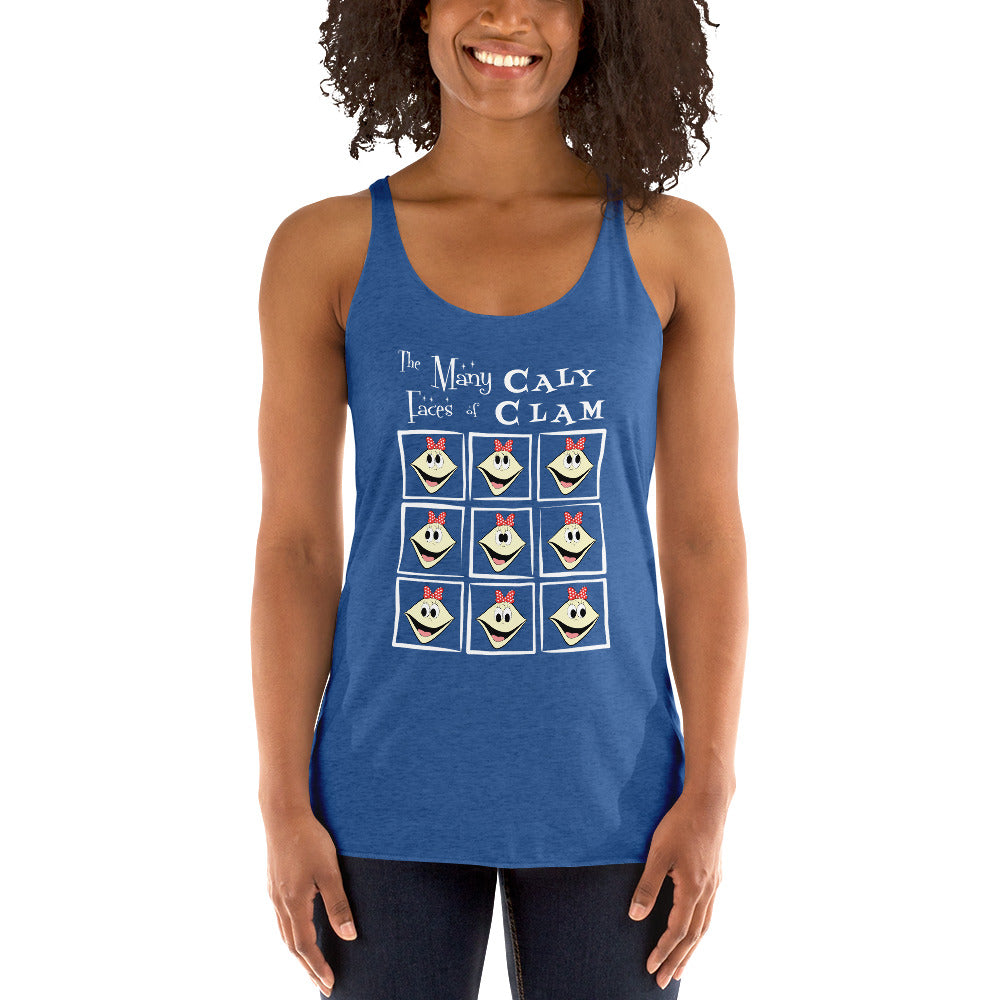 Person wearing a royal blue tank top with the many faces of caly clam design on a white background