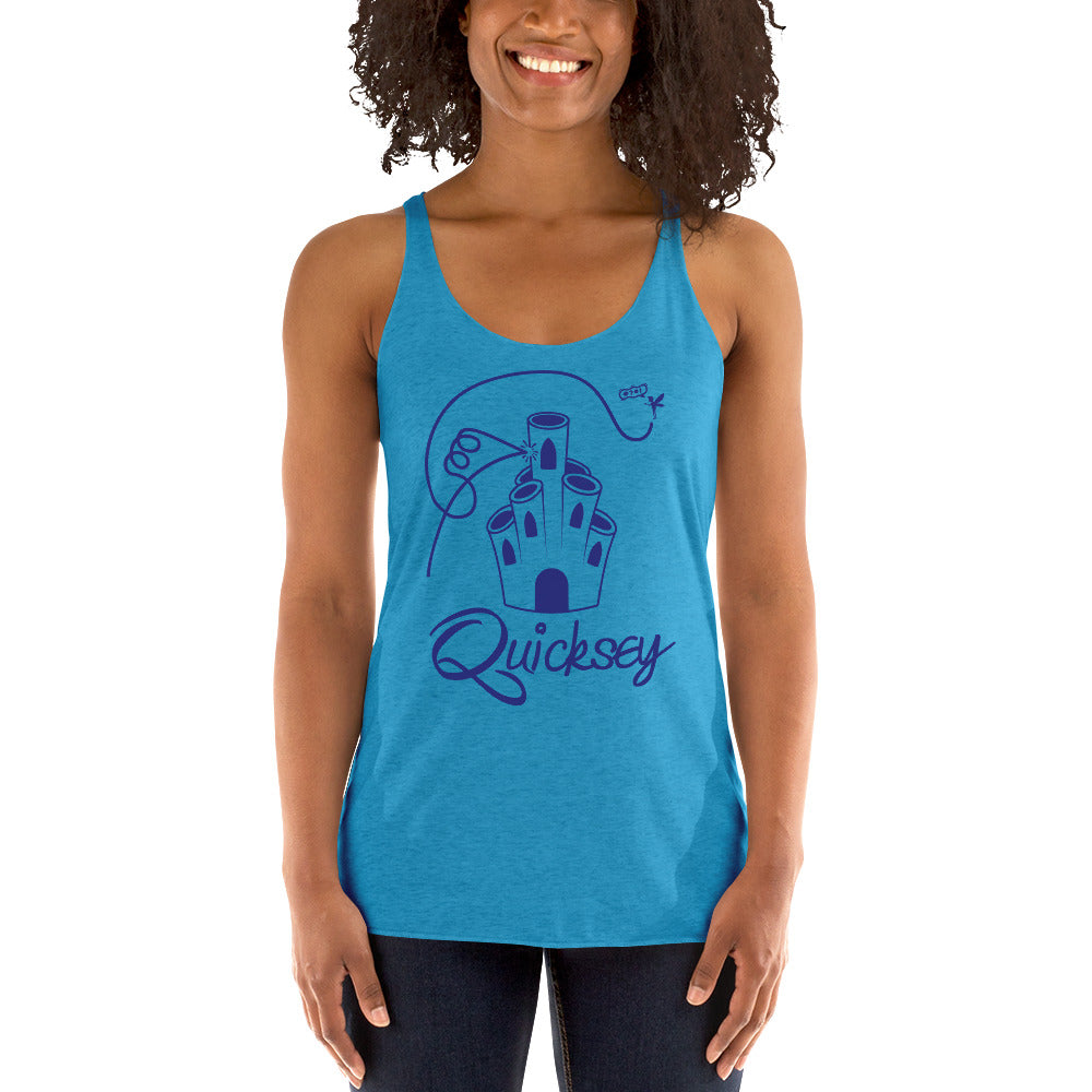 Woman wearing a blue tank top with a castle design and 'Quicksey' text on a white background