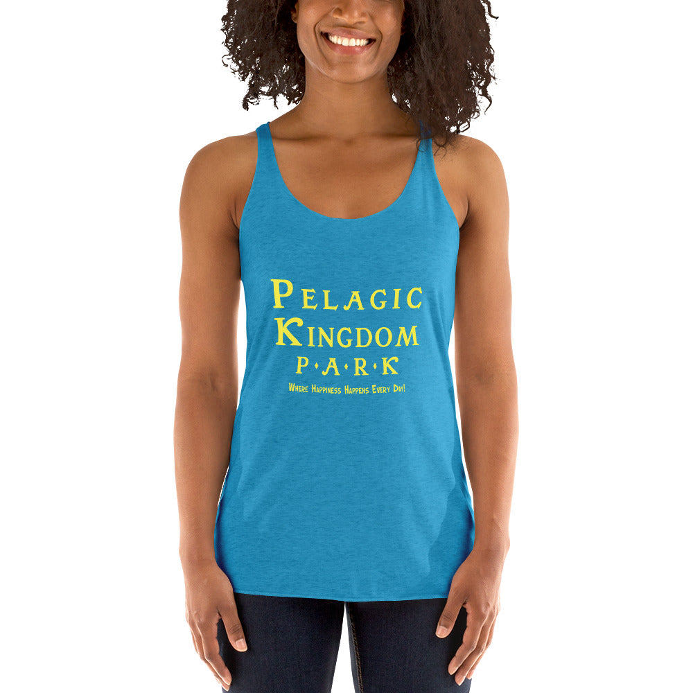 Woman wearing a blue tank top with yellow text on a white background