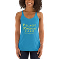Woman wearing a blue tank top with yellow text on a white background