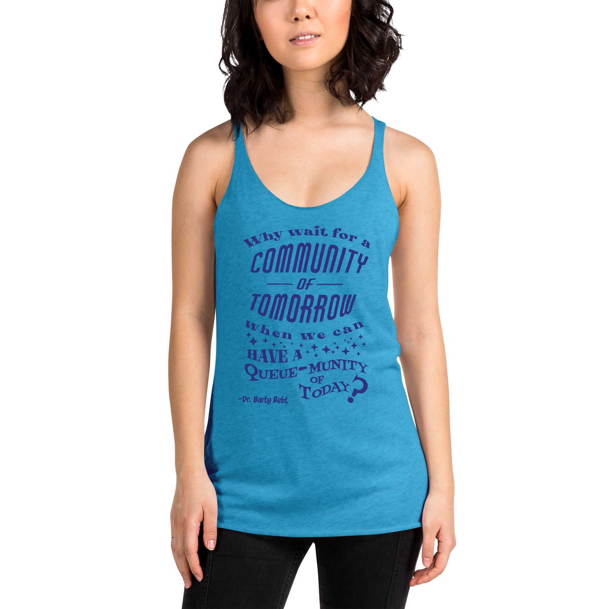 Woman wearing a blue tank top with text design on a white background