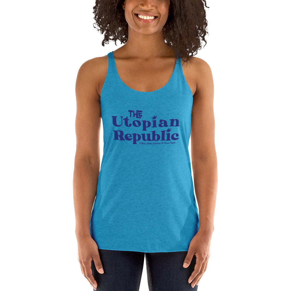 Woman wearing a blue tank top with 'The Utopian Republic' text on a white background