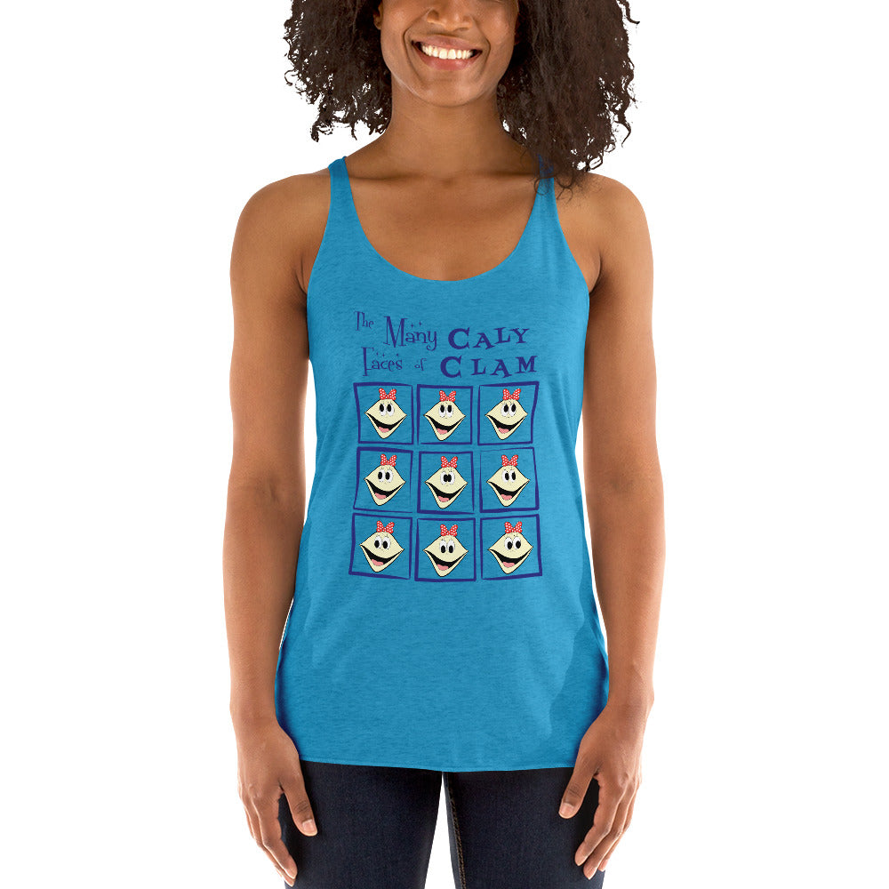 Person wearing a turquoise tank top with the many faces of caly clam design on a white background